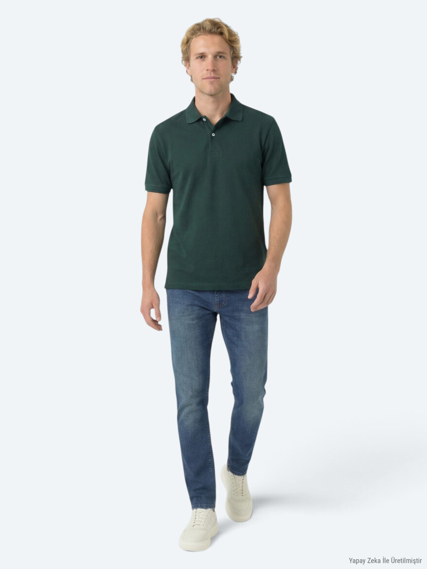Yeşil Düz Polo Yaka Pamuk Karışımlı T-Shirt - 2