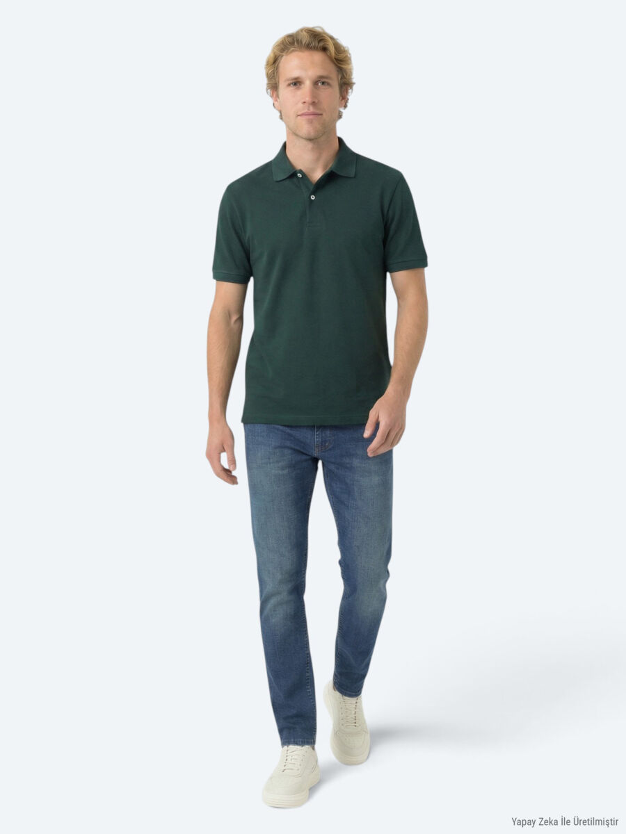 Yeşil Düz Polo Yaka Pamuk Karışımlı T-Shirt - 2