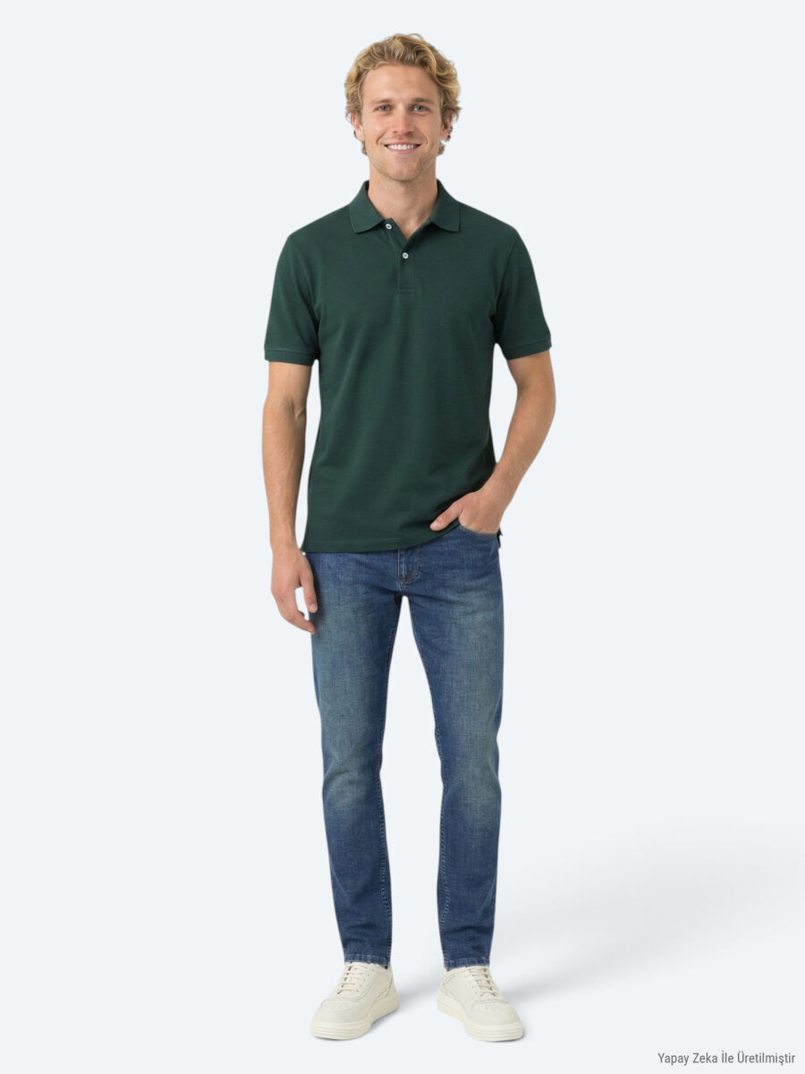 Yeşil Düz Polo Yaka Pamuk Karışımlı T-Shirt - 3