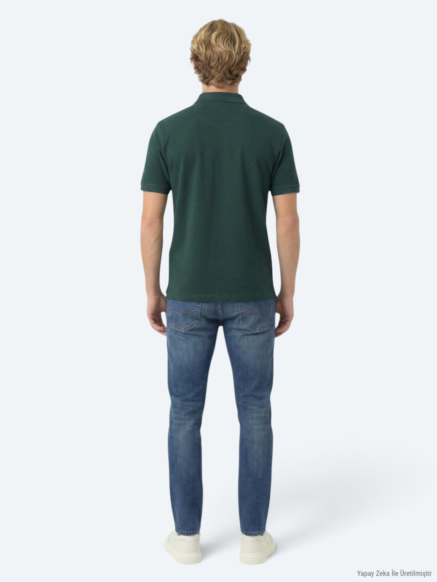 Yeşil Düz Polo Yaka Pamuk Karışımlı T-Shirt - 4