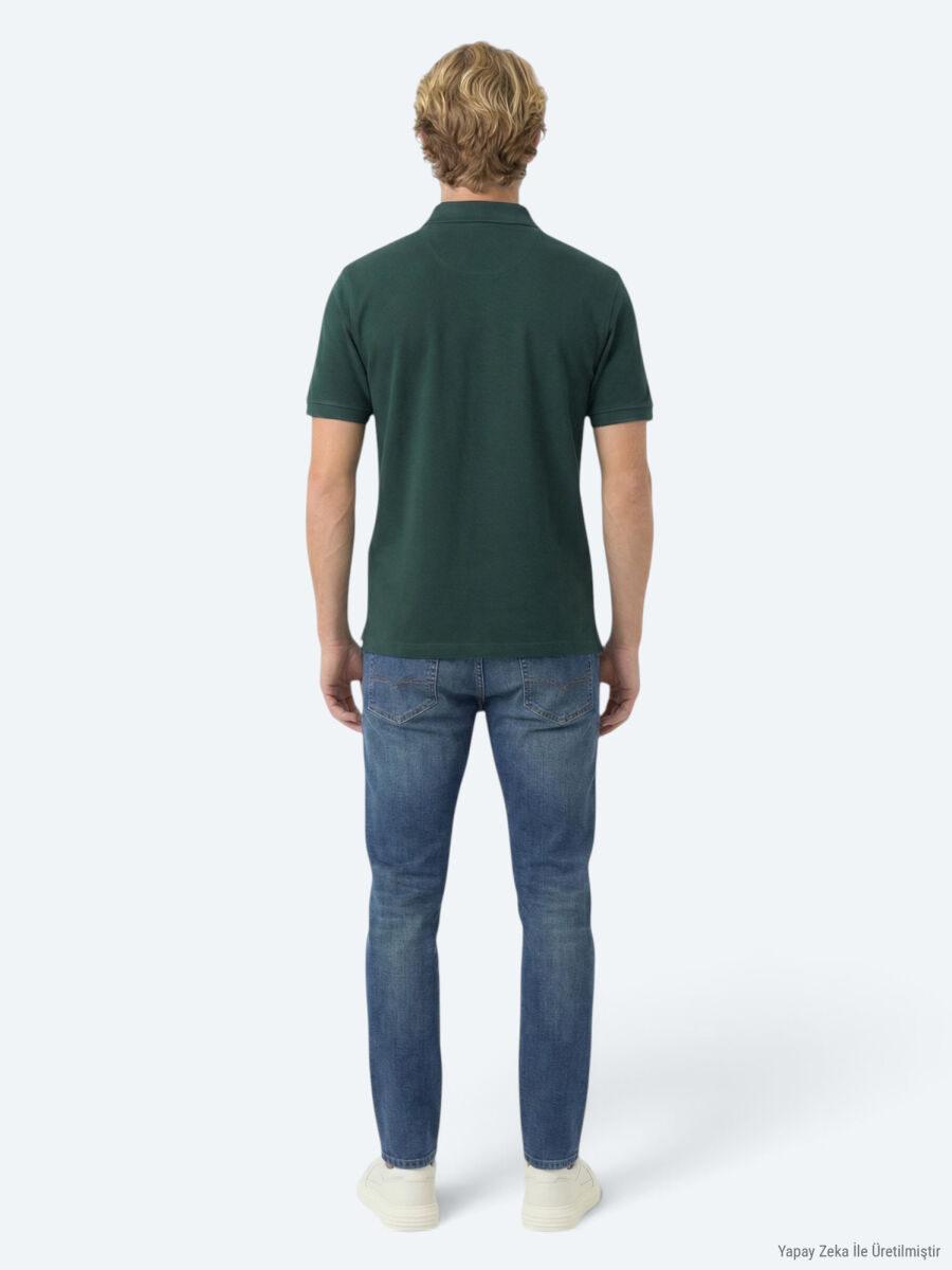 Yeşil Düz Polo Yaka Pamuk Karışımlı T-Shirt - 4