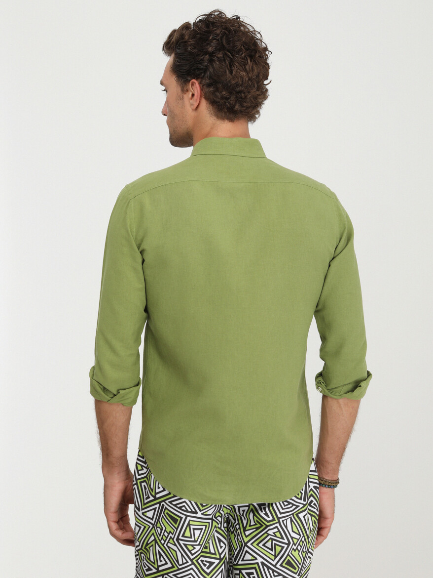 Yeşil Düz Regular Fit Uzun Dokuma Casual Pamuk Karışımlı Gömlek - 4