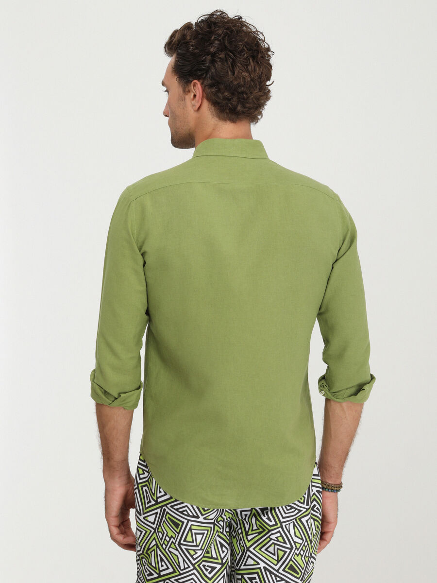 Yeşil Düz Regular Fit Uzun Dokuma Casual Pamuk Karışımlı Gömlek - 4