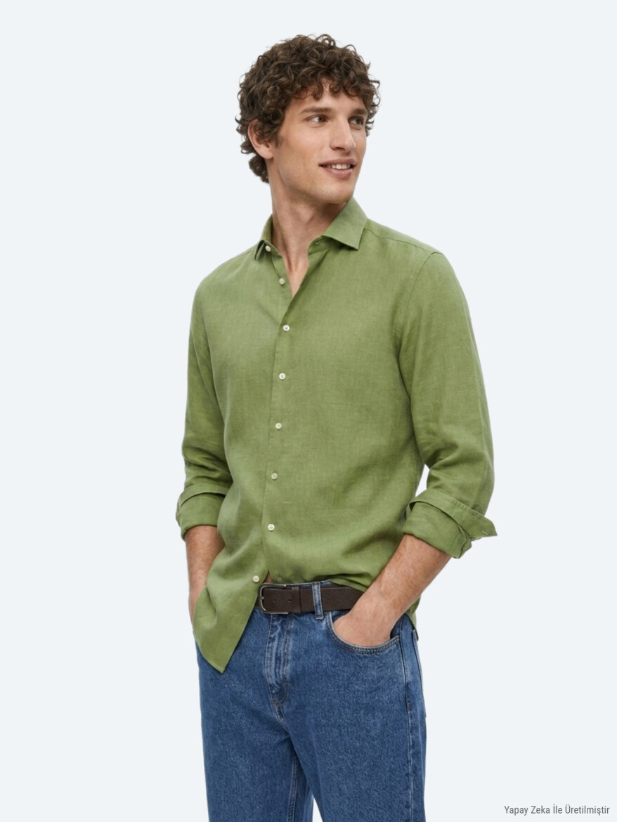 Yeşil Düz Regular Fit Uzun Dokuma Casual Pamuk Karışımlı Gömlek - KİP