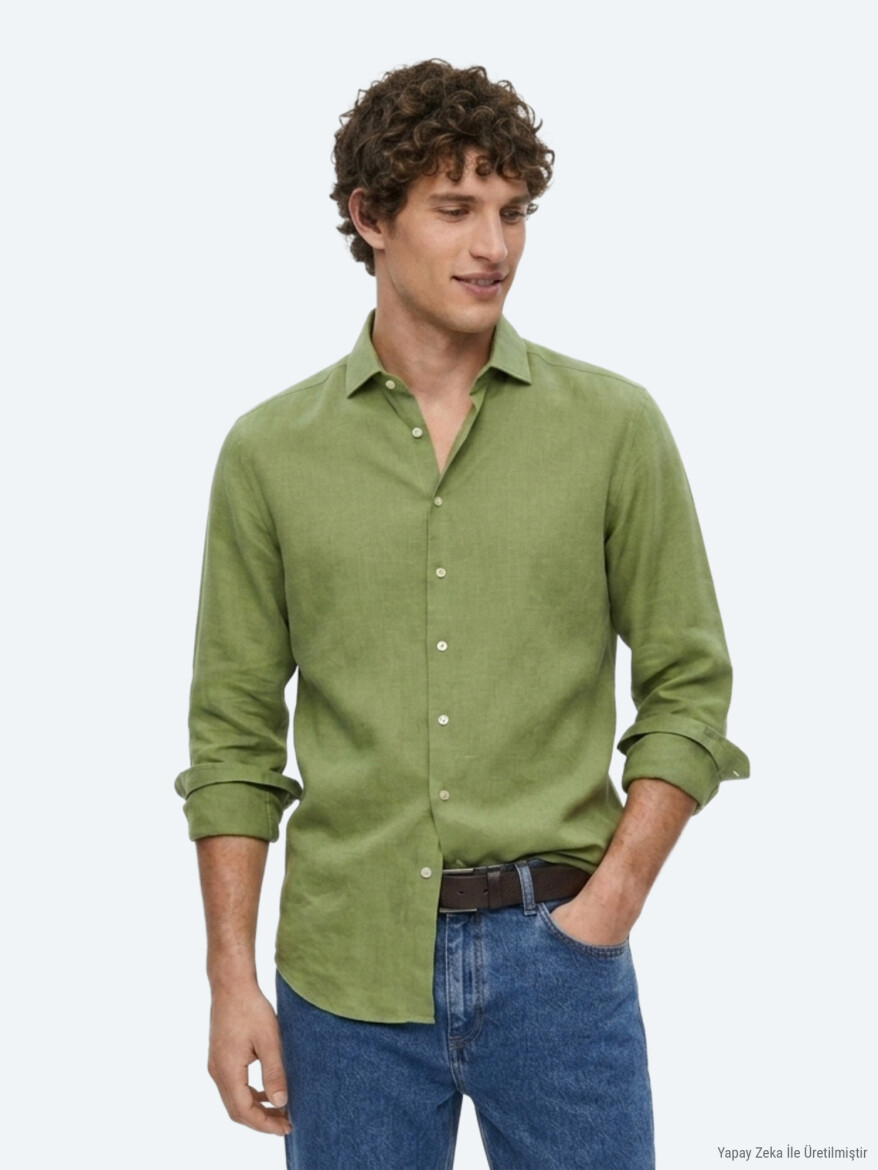 Yeşil Düz Regular Fit Uzun Dokuma Casual Pamuk Karışımlı Gömlek - 3