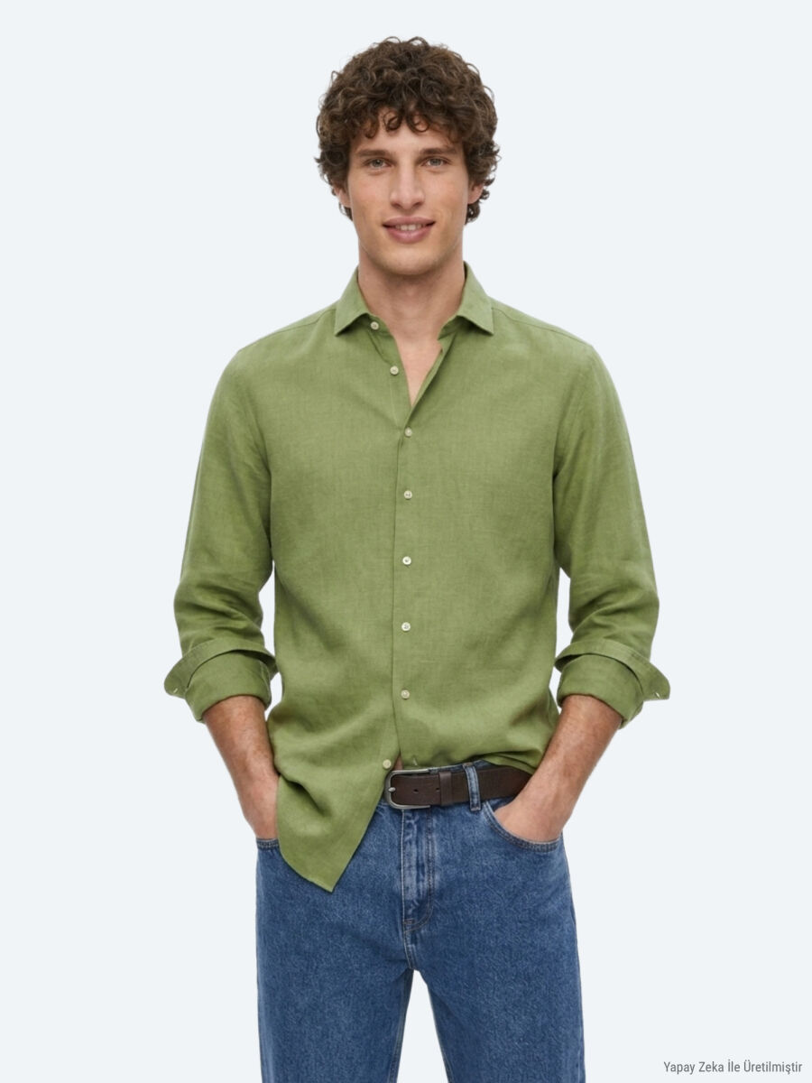 Yeşil Düz Regular Fit Uzun Dokuma Casual Pamuk Karışımlı Gömlek - 4