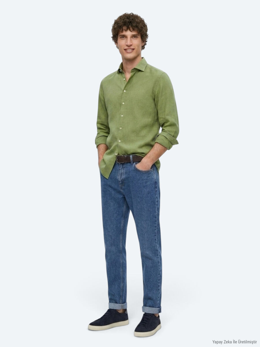 Yeşil Düz Regular Fit Uzun Dokuma Casual Pamuk Karışımlı Gömlek - 5