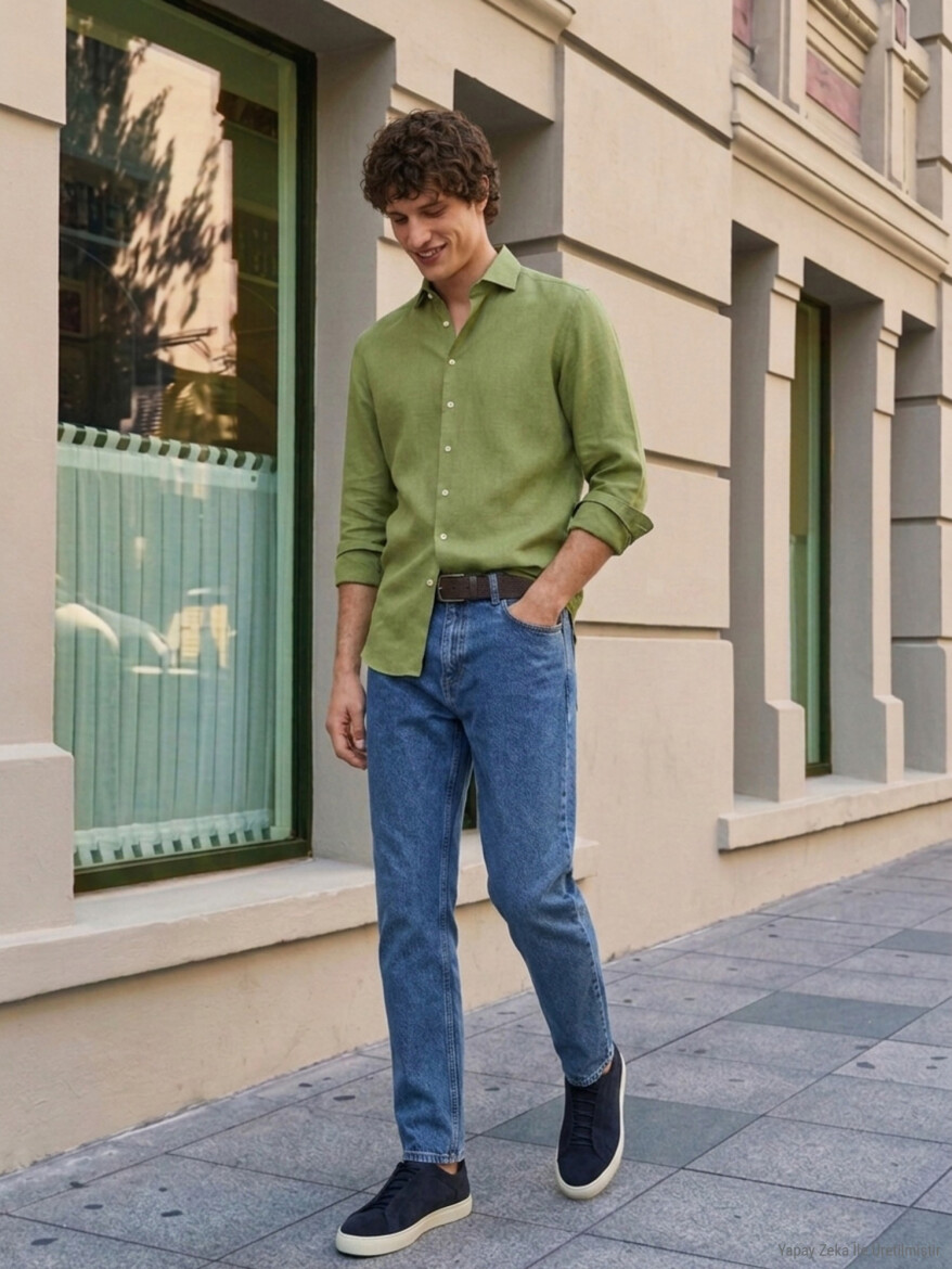Yeşil Düz Regular Fit Uzun Dokuma Casual Pamuk Karışımlı Gömlek - 8