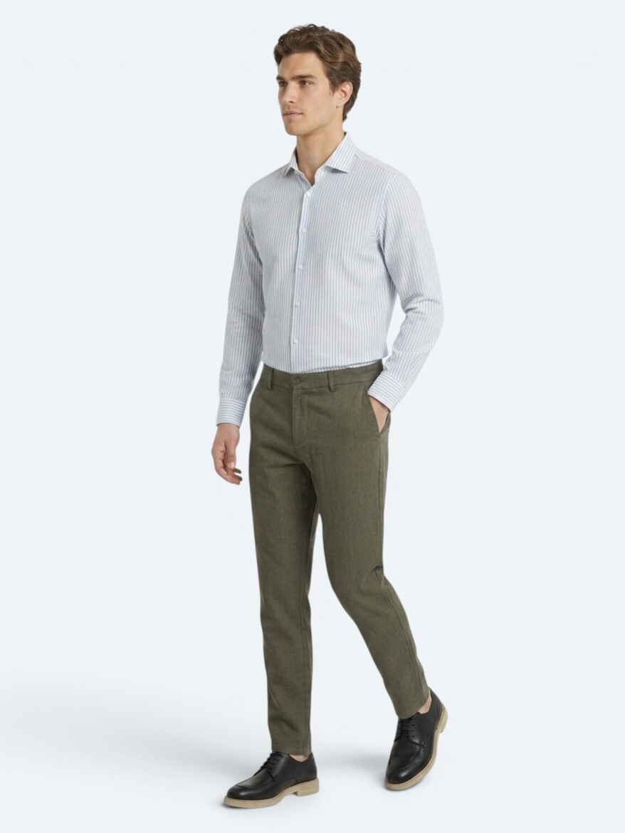 Yeşil Düz Regular Fit Uzun Dokuma Casual Pamuk Karışımlı Gömlek - 2