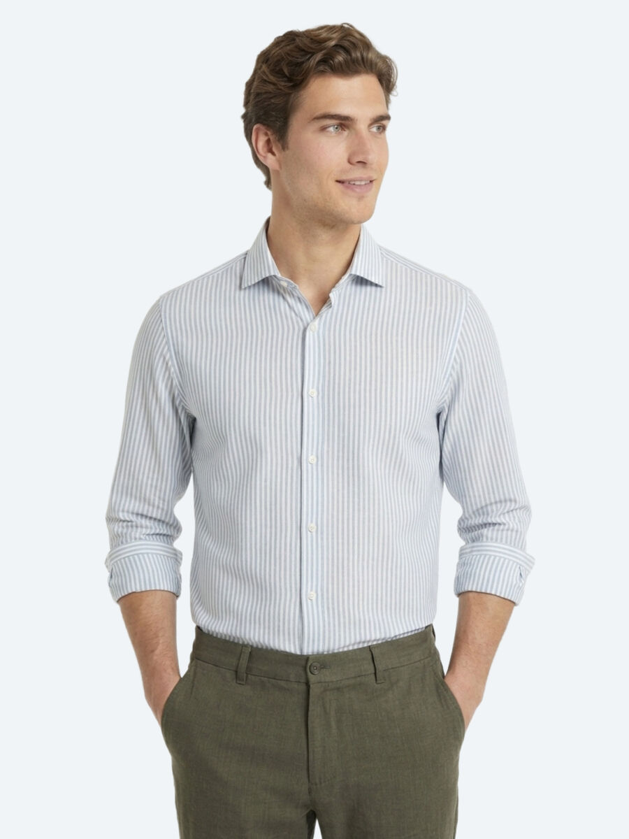 Yeşil Düz Regular Fit Uzun Dokuma Casual Pamuk Karışımlı Gömlek - 3