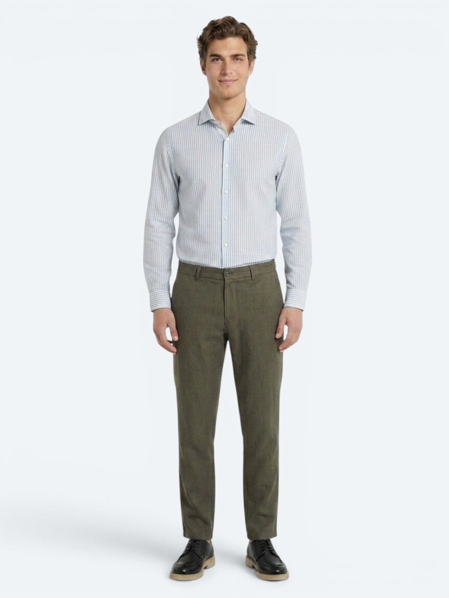 Yeşil Düz Regular Fit Uzun Dokuma Casual Pamuk Karışımlı Gömlek - 4