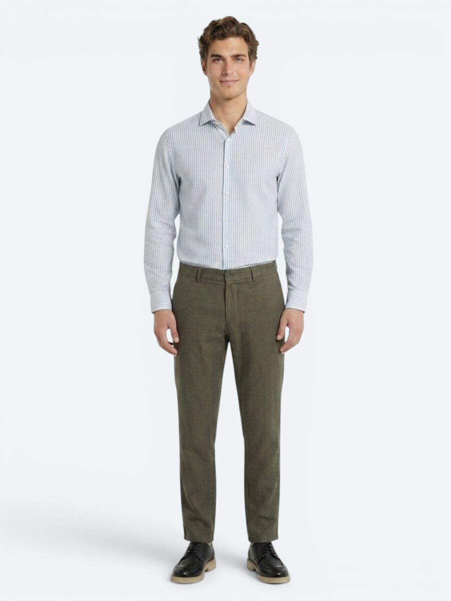 Yeşil Düz Regular Fit Uzun Dokuma Casual Pamuk Karışımlı Gömlek - 4