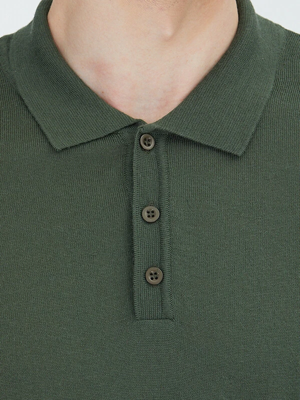 Yeşil Polo Yaka Düz Örgü Yün Karışımlı Triko Kazak - 5