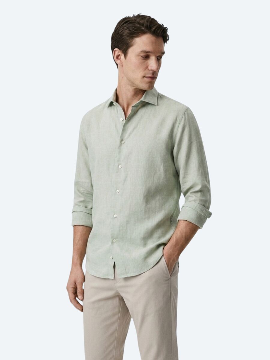 Yeşil Regular Fit Uzun Dokuma Casual Pamuk Karışımlı Gömlek - 2