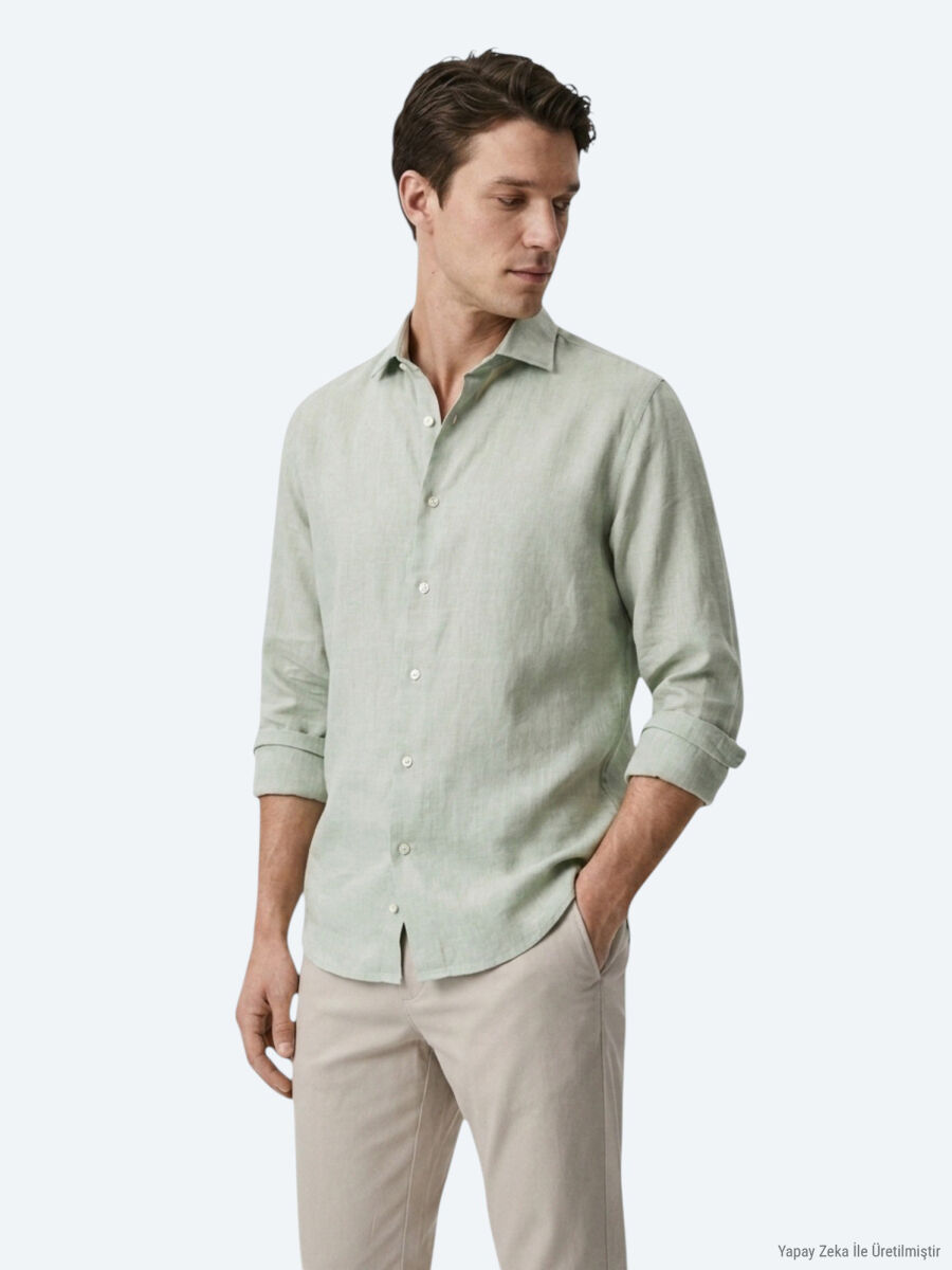 Yeşil Regular Fit Uzun Dokuma Casual Pamuk Karışımlı Gömlek - 2