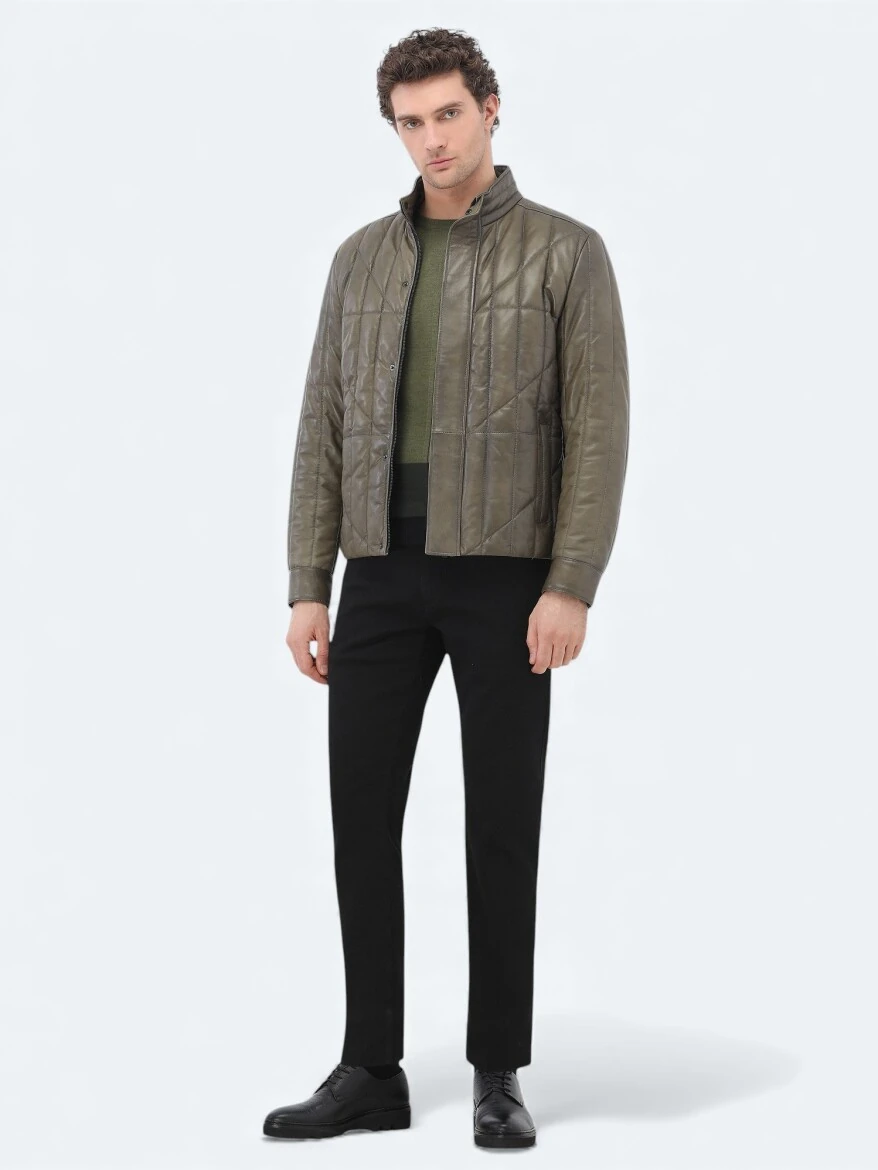 Zeytin Yeşili Regular Fit Dik Yaka Smart Casual Koyun Derisi Deri Mont - KİP