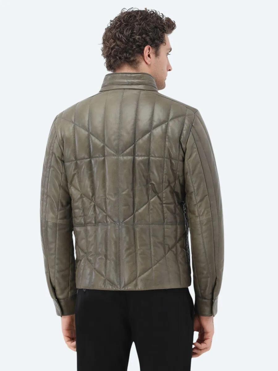 Zeytin Yeşili Regular Fit Dik Yaka Smart Casual Koyun Derisi Deri Mont - 4