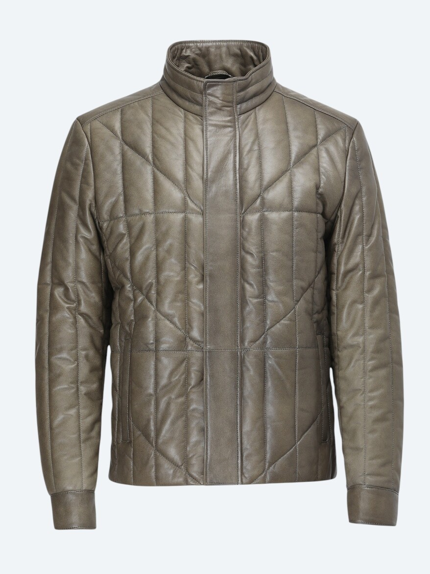 Zeytin Yeşili Regular Fit Dik Yaka Smart Casual Koyun Derisi Deri Mont - 5